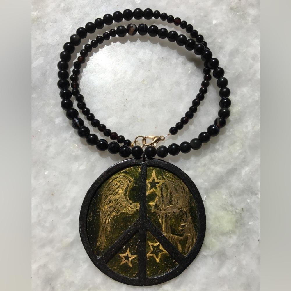 Peace Necklace | Handcrafted with black onyx and black agate beaded 18” necklace - Picture 6 of 15